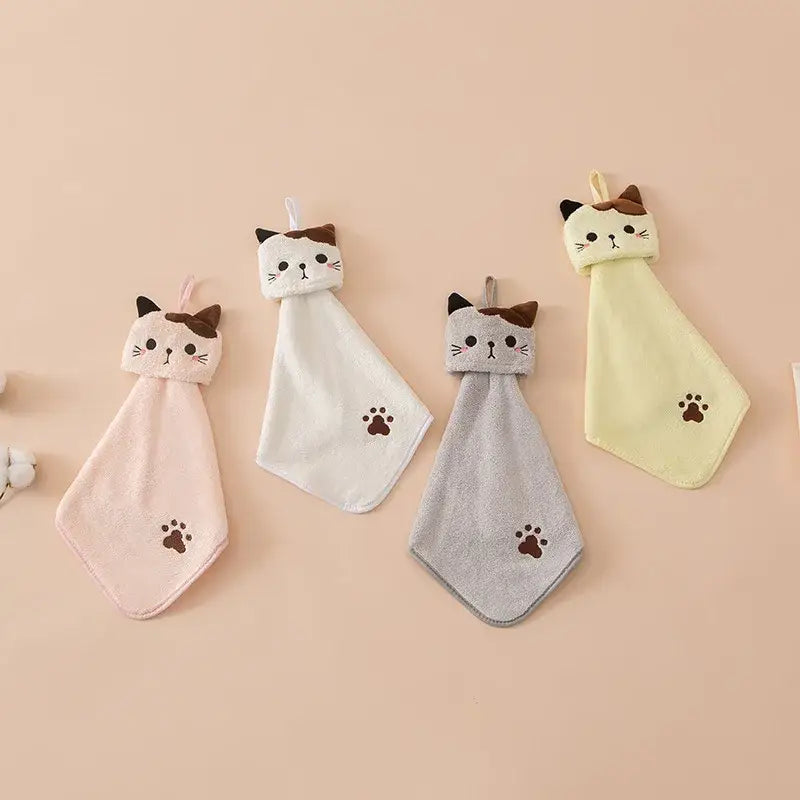 Plush pink & pale yellow cartoon cat hand towel for kitchen