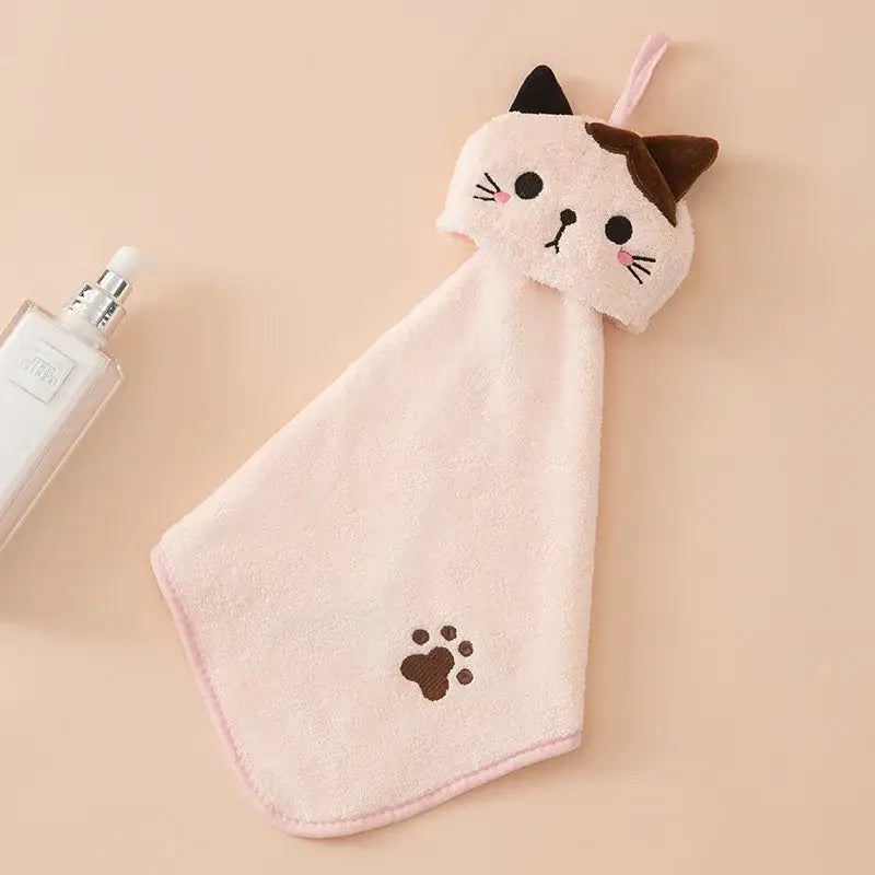 Plush pink & pale yellow cartoon cat hand towel for kitchen
