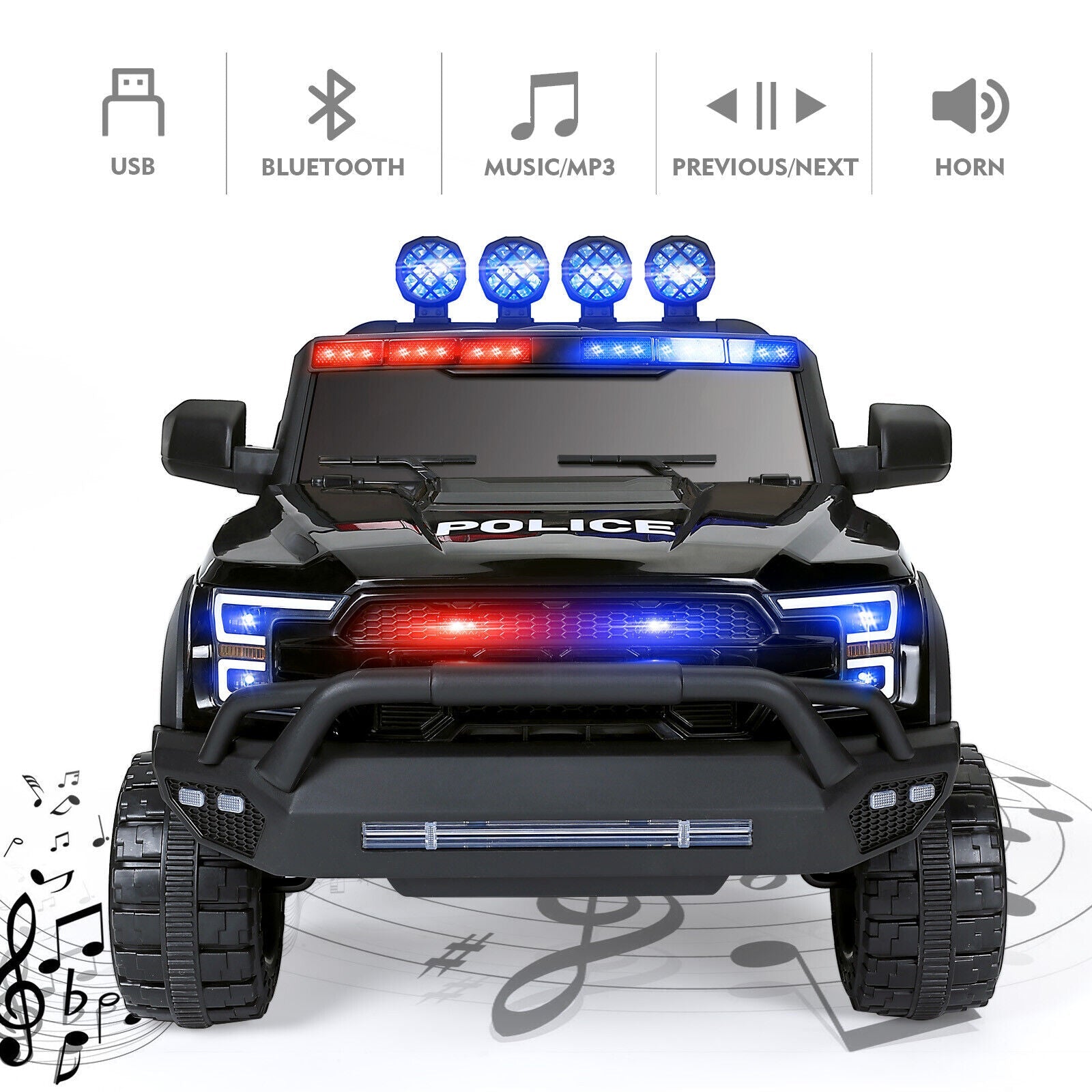 Interactive 12V Police Car Ride-On with RC, LED Lights, and Intercom - 6 Wheel Truck for Kids