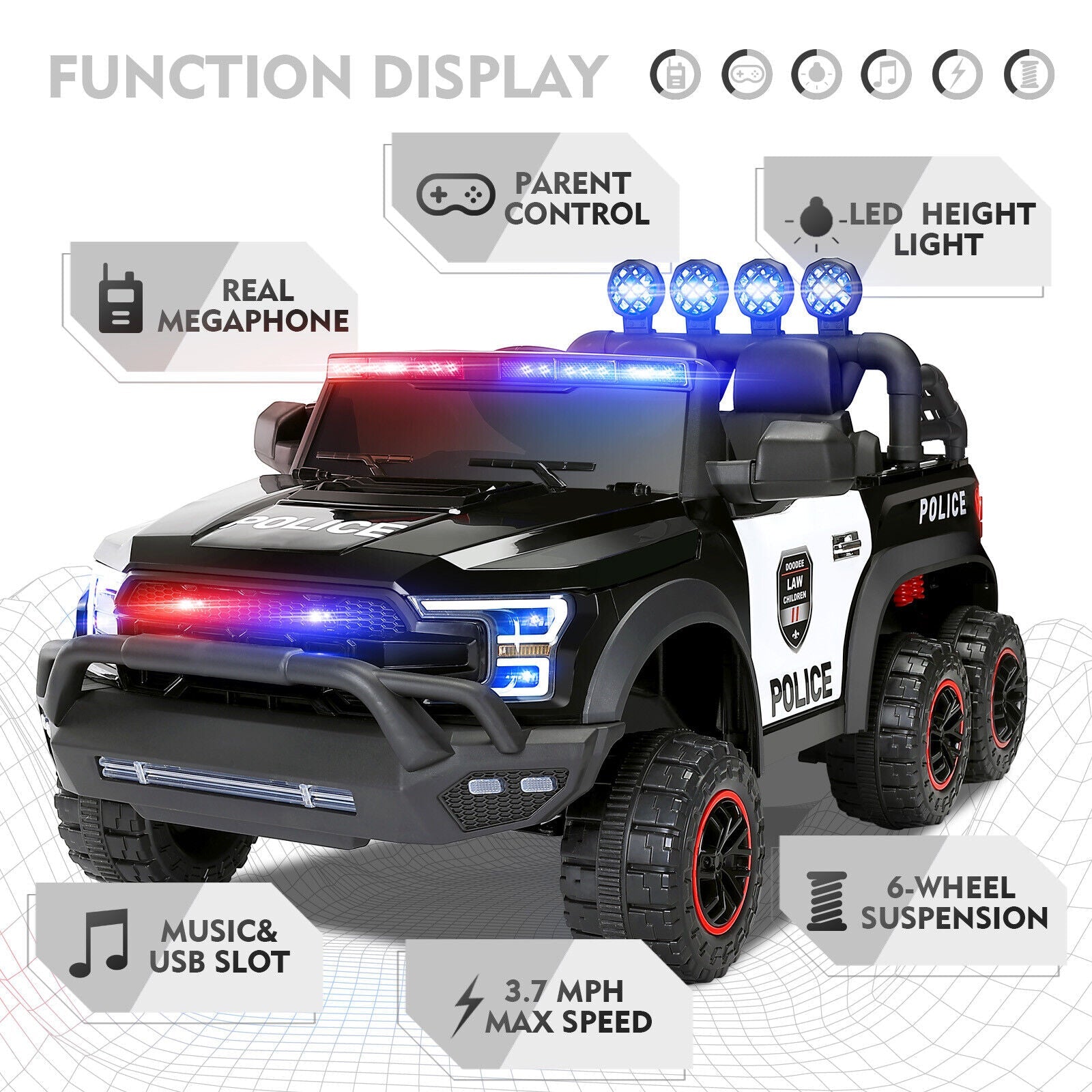6-Wheel Electric Police Car for Kids with RC, LED Lights, and Intercom