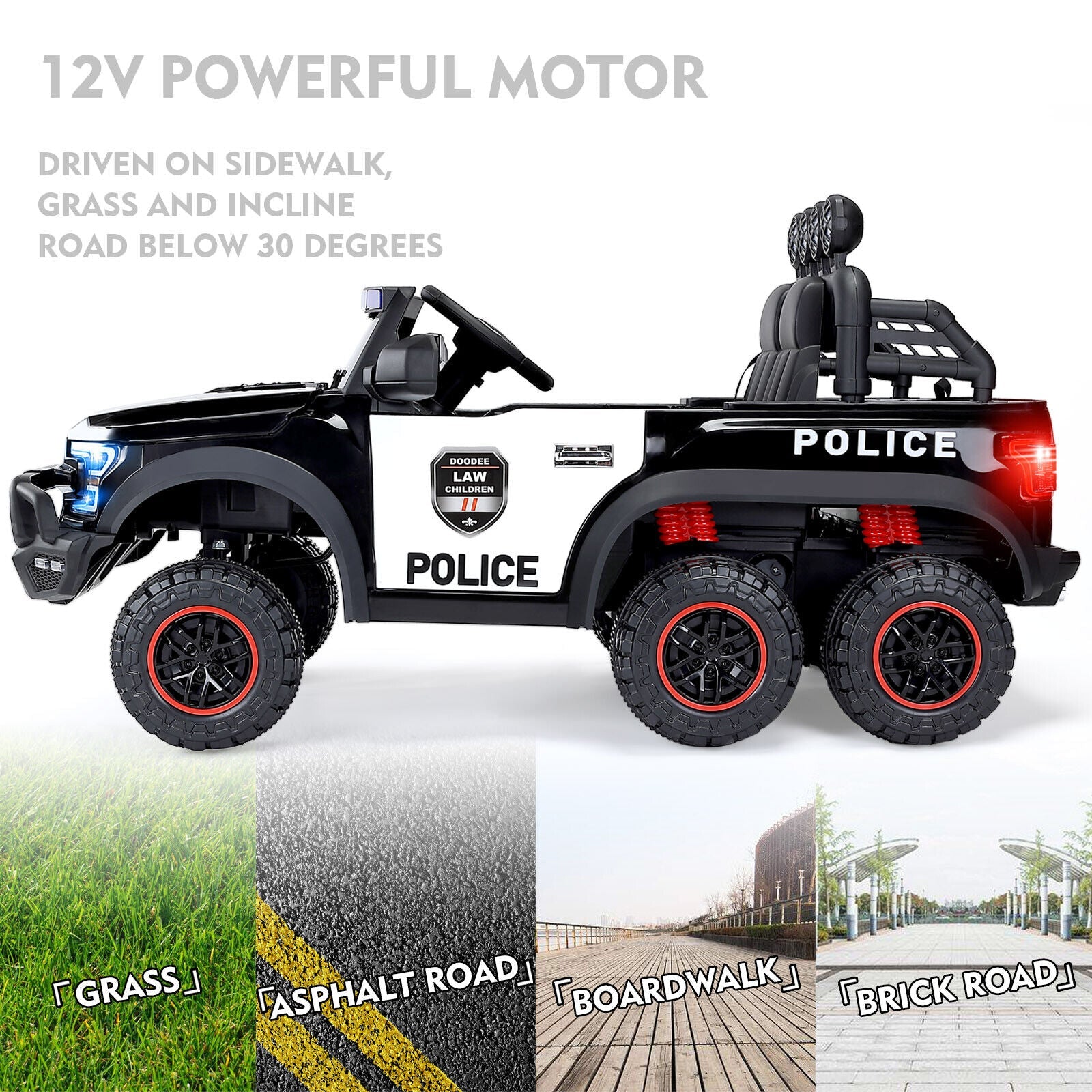 12V Electric Police Pickup Truck for Kids with Megaphone, Siren, and Flashing Lights - Remote Control Included
