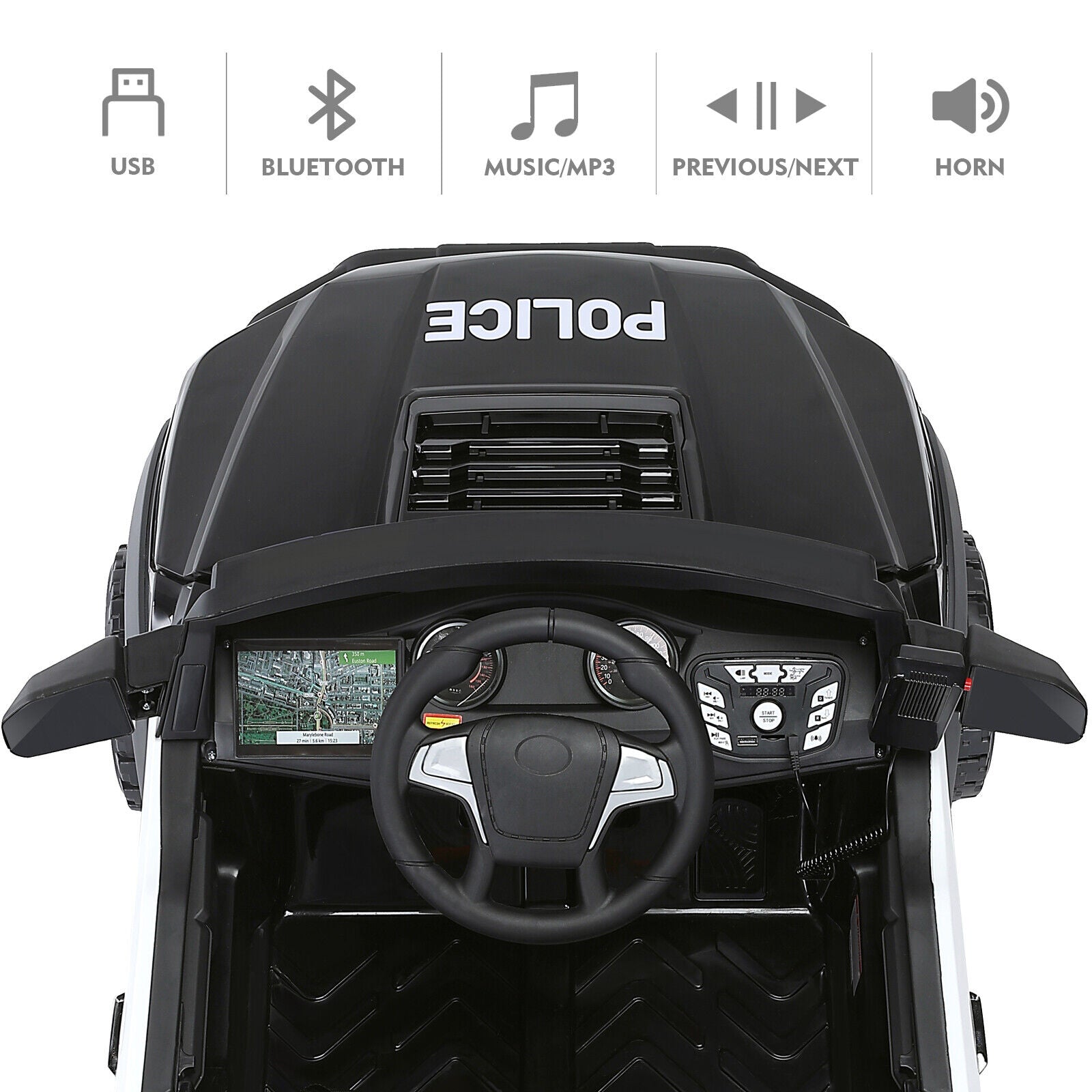 Police Car Truck for Kids with 12V Battery, 6 Wheels, LED Lights, Intercom, Siren, and Remote Control