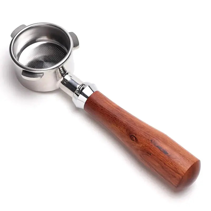 Polished wood and stainless steel coffee bottomless portafilter kitchen handle