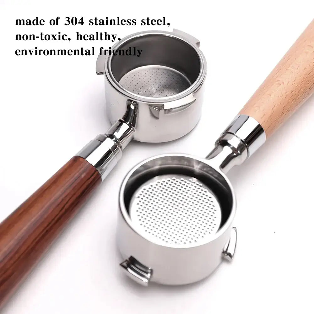 Polished wood and stainless steel coffee bottomless portafilter kitchen handle