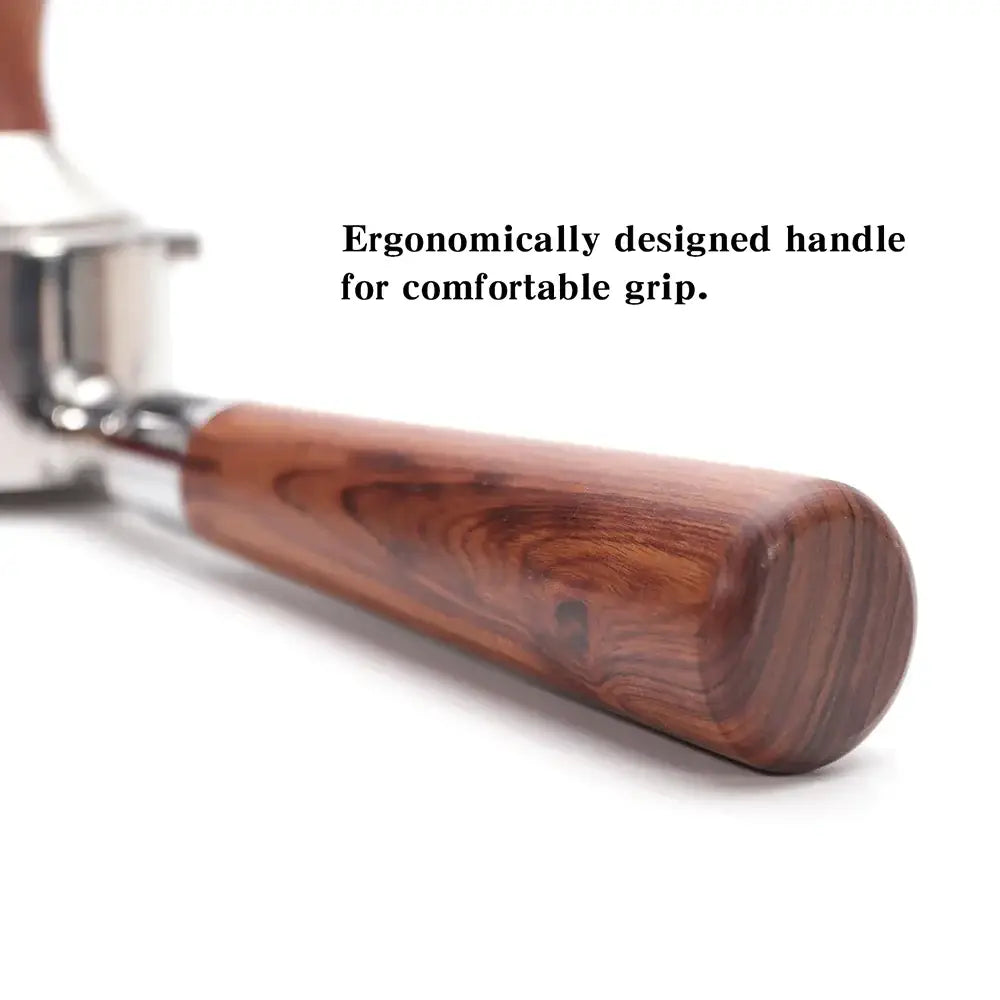 Polished wood and stainless steel coffee bottomless portafilter kitchen handle
