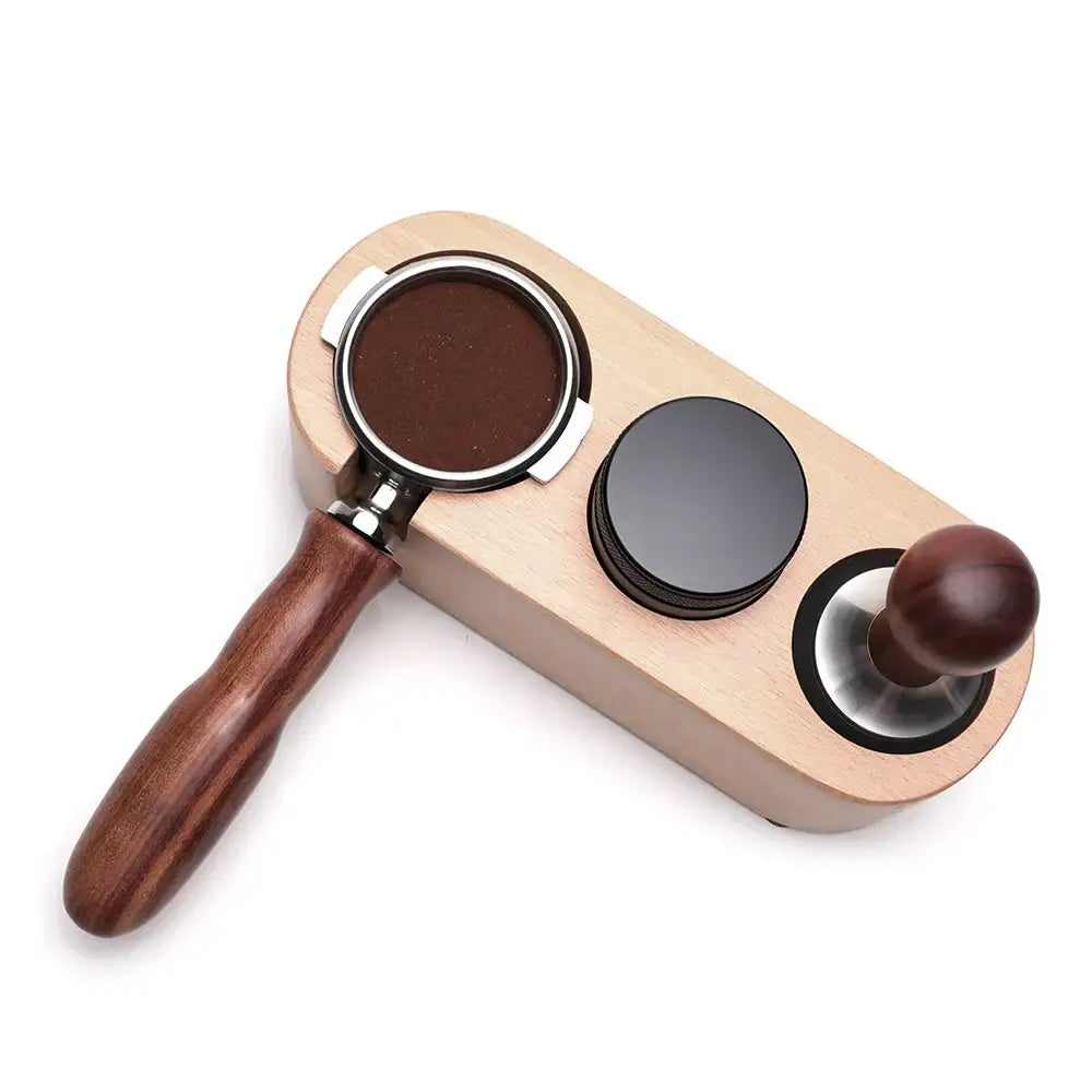 Polished wood and stainless steel coffee bottomless portafilter kitchen handle