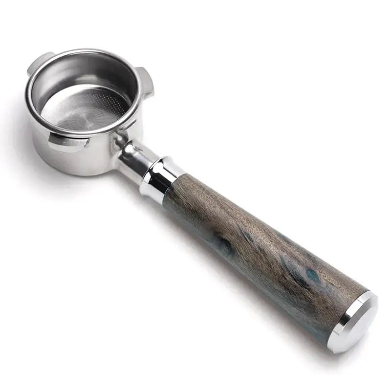 Polished wood and stainless steel coffee bottomless portafilter kitchen handle