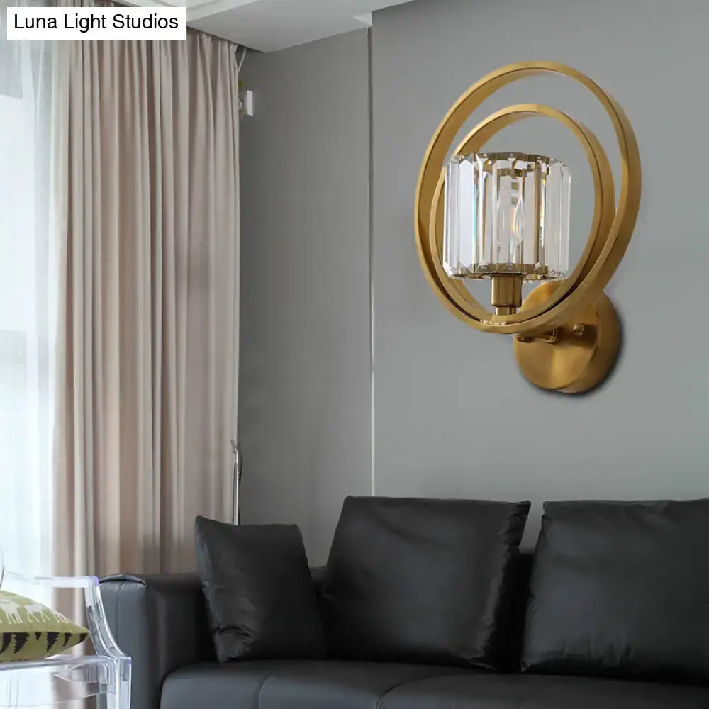 Postmodern brass and crystal drum wall mount light bedroom sconce