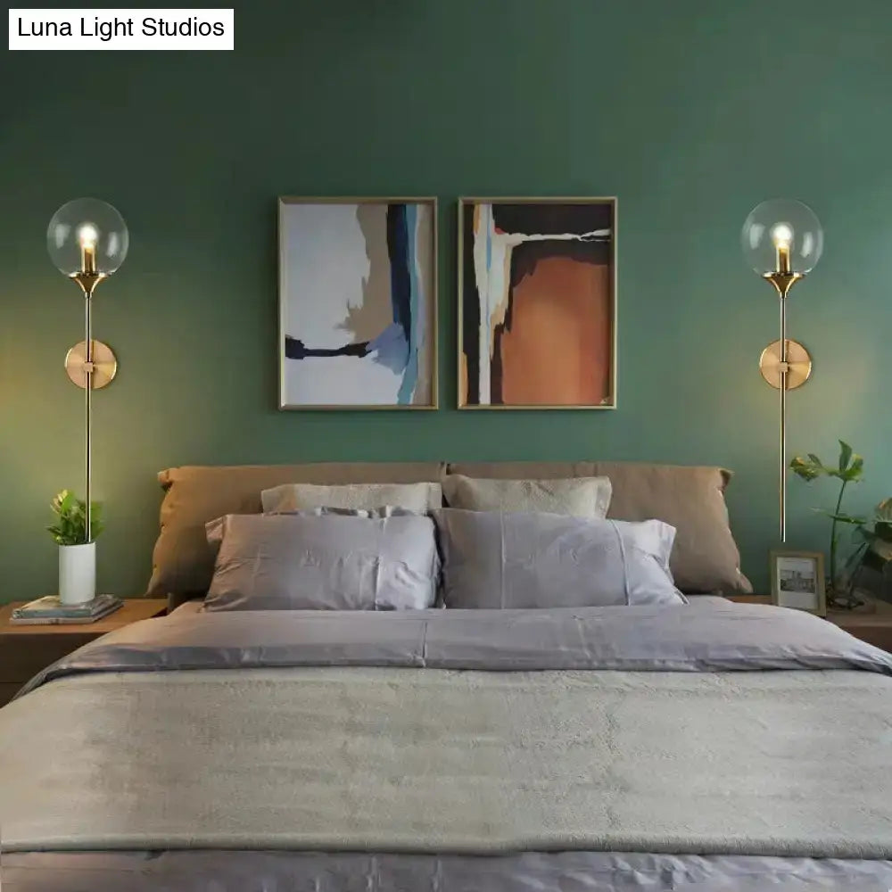 Postmodern brass pencil arm wall lamp with glass shade bedroom sconce