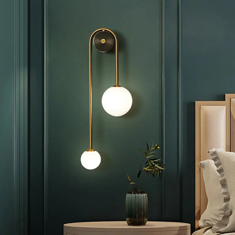 Postmodern brass wall sconce light with opal glass shade bedroom decor