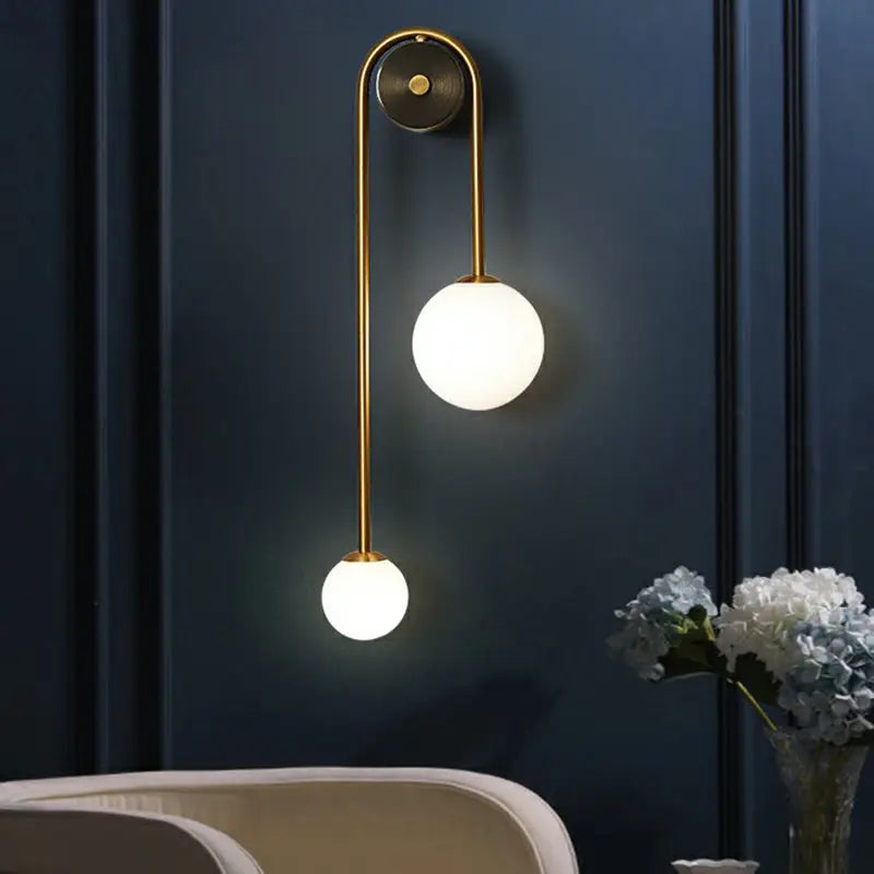 Postmodern brass wall sconce light with opal glass shade bedroom decor