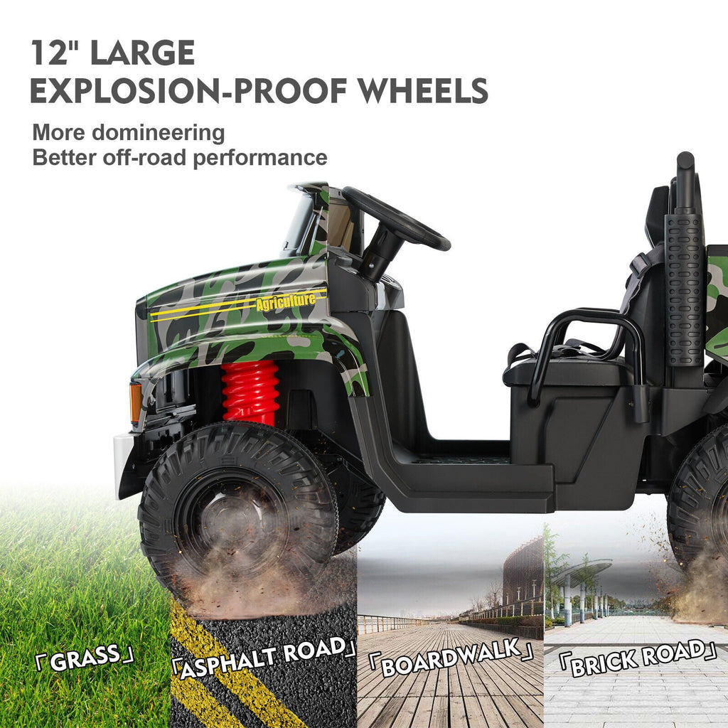 Ride in Style with the 24V Battery-Powered Camo Truck Tractor for Kids, Featuring Bluetooth RC and Trailer