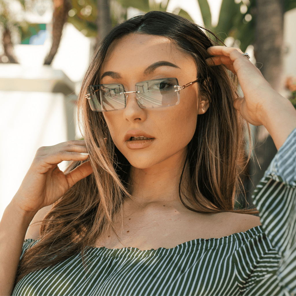 PREMIERE - Luxury 90s Small Metal Rimless Rectangle Sunglasses Gold Green Tint