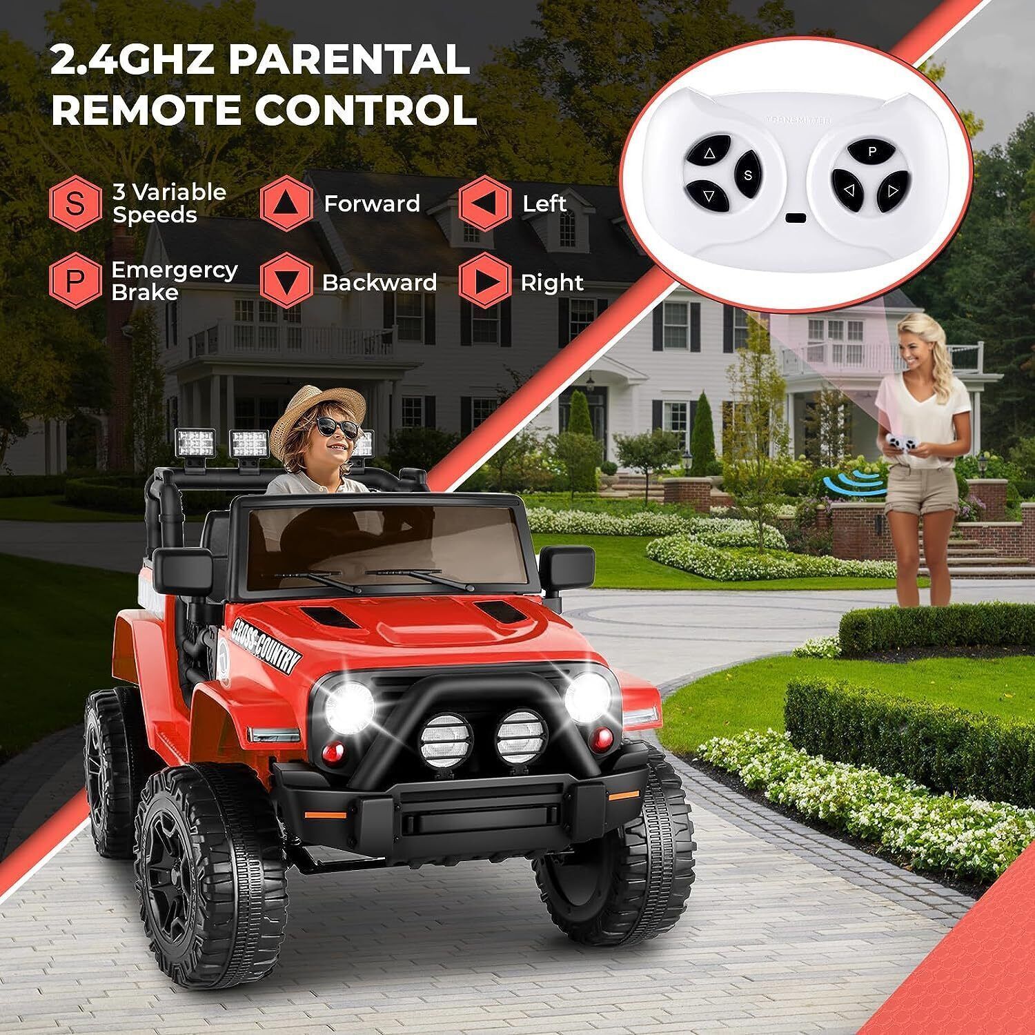 Premium 12V Electric Ride-On Jeep for Kids with Remote Control, LED Lights, AUX & USB, and 3 Speed Options