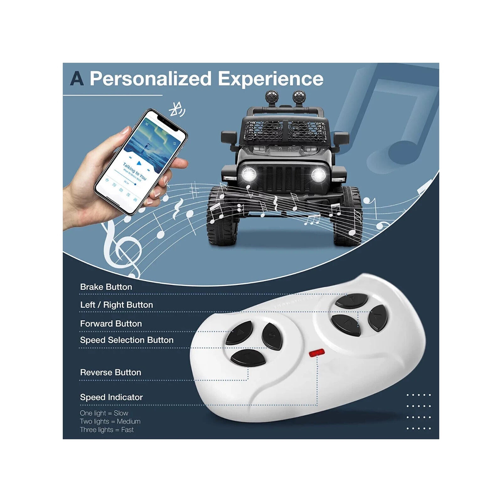 12V Kids Electric Jeep with Remote Control, 3 Speeds, LED Lights, and MP3 Player