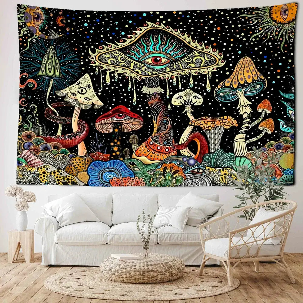 Psychedelic mushroom forest colorful eyes tapestry bedroom wall art