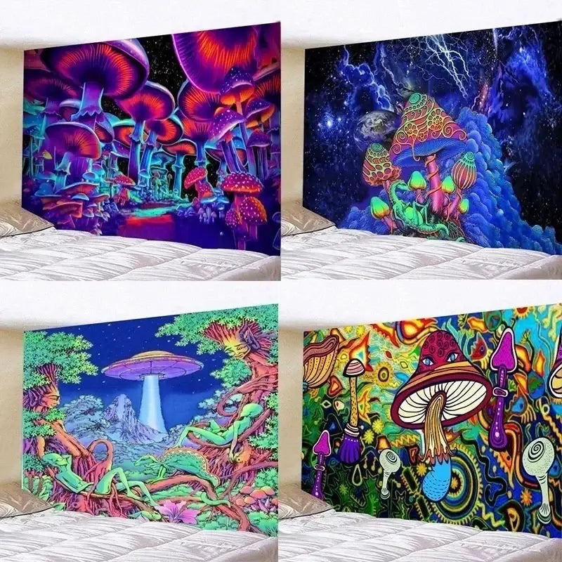 Psychedelic neon illusory mushroom art tapestry bedroom wall hanging