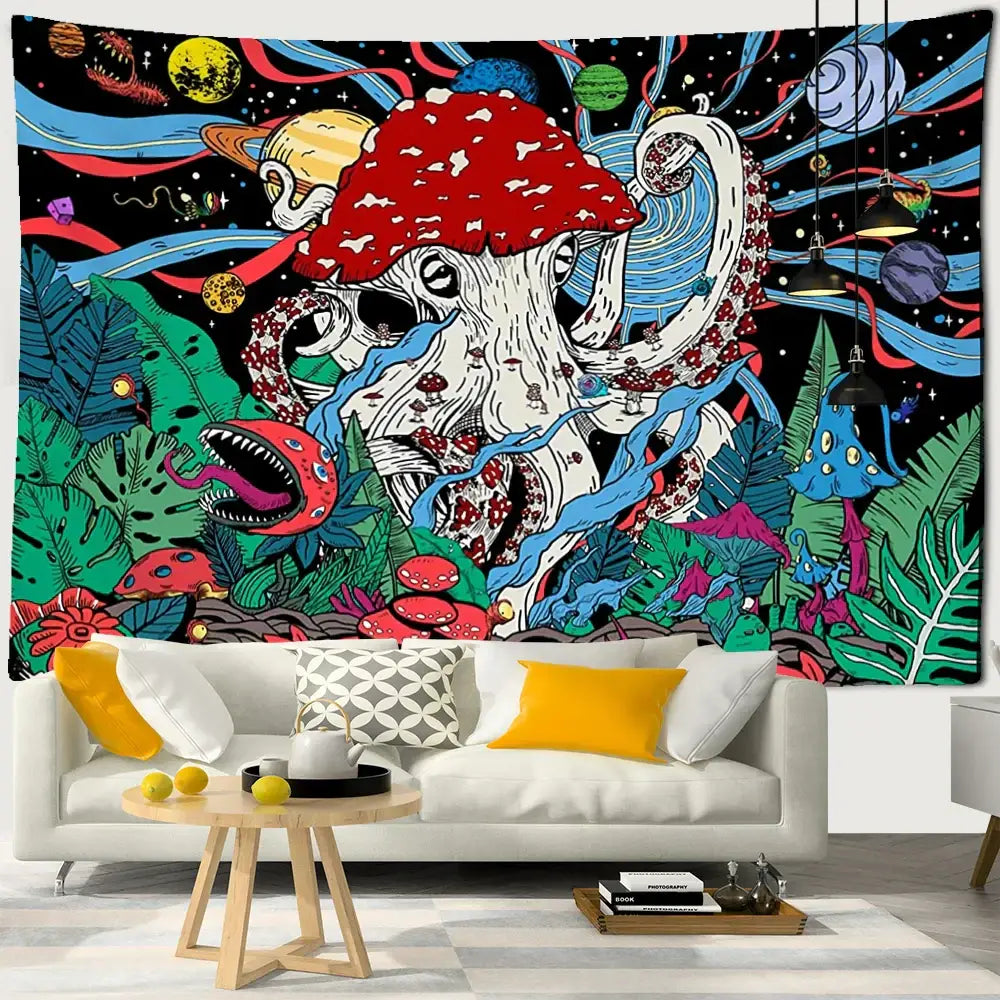 Psychedelic rainbow cartoon planet mushroom tapestry bedroom wall art