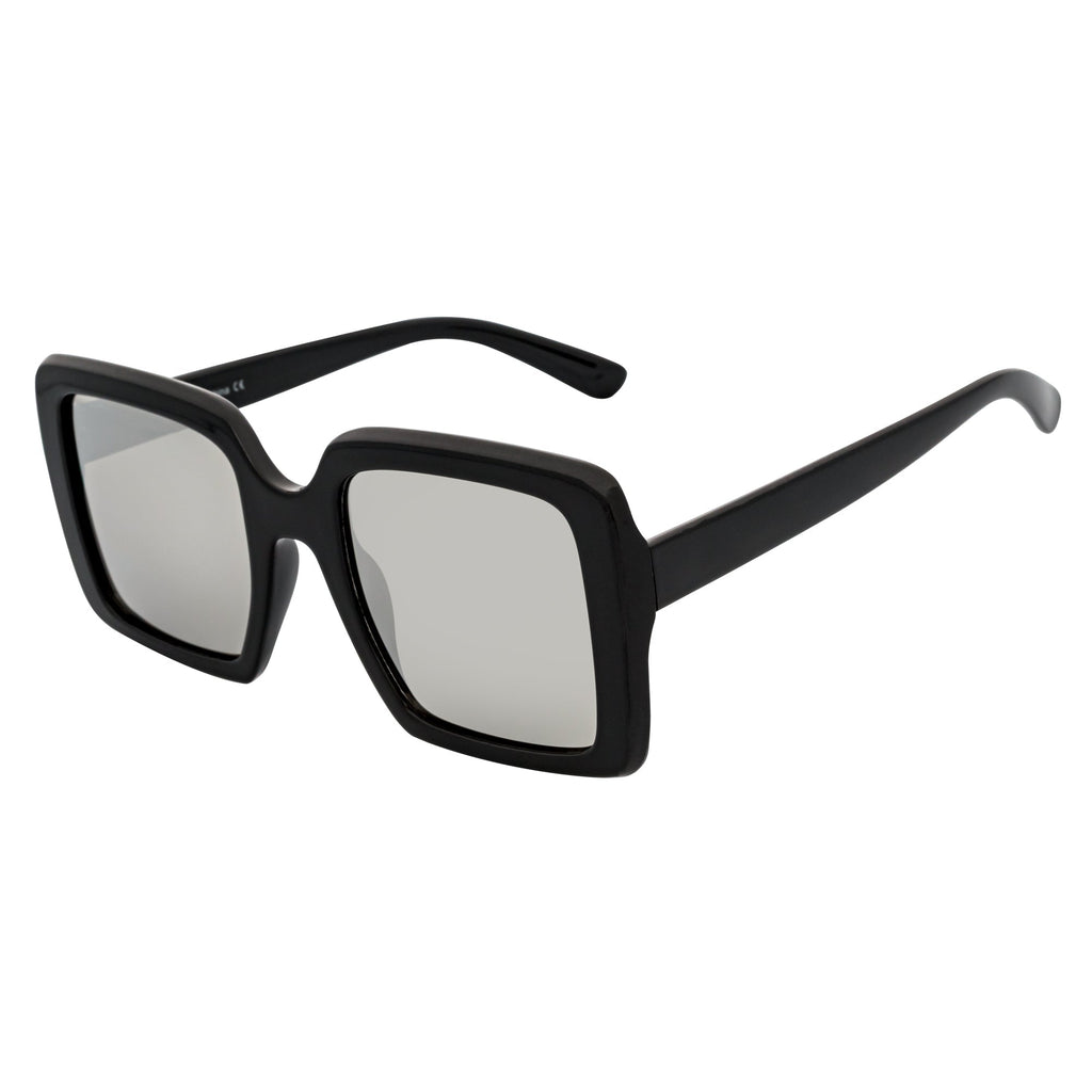 QUAD - Retro Modern Oversize Square Black Sunglasses Silver Mirror Lens