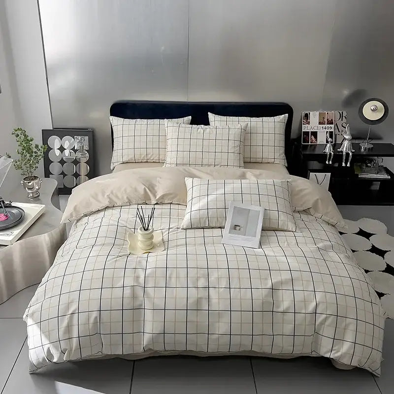 Quilted cream & black geometric printed bed set bedroom bedding