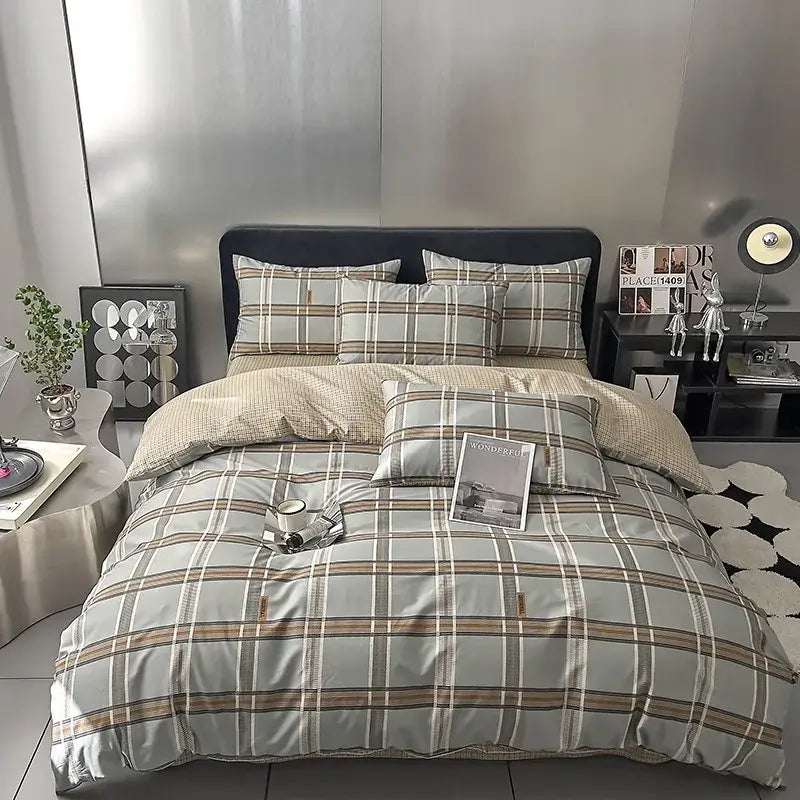 Quilted cream & black geometric printed bed set bedroom bedding
