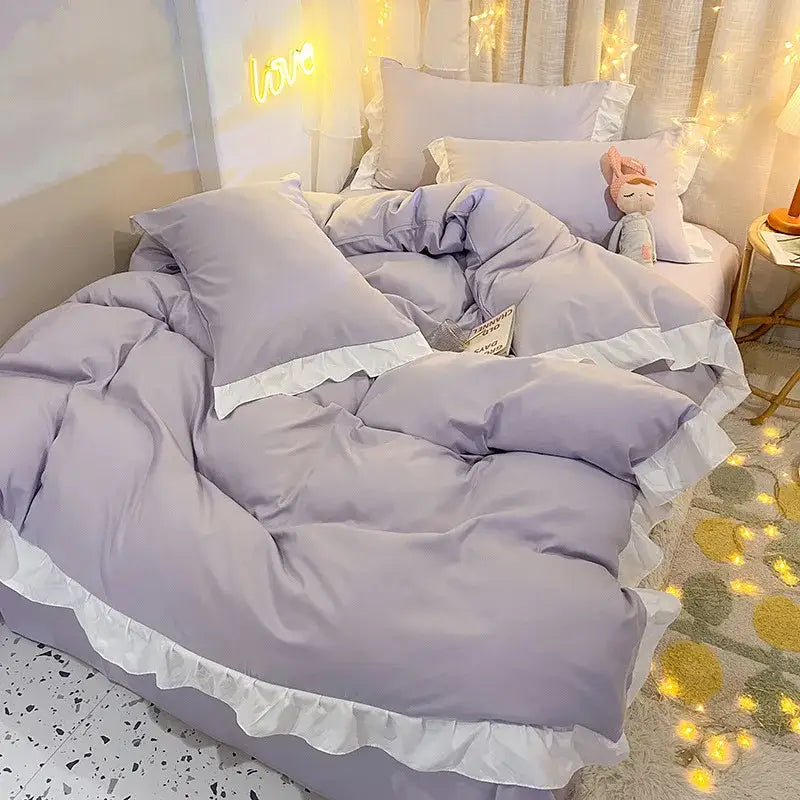 Quilted light blue & white ruffle duvet cover set bedroom bedding