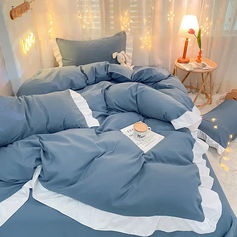Quilted light blue & white ruffle duvet cover set bedroom bedding