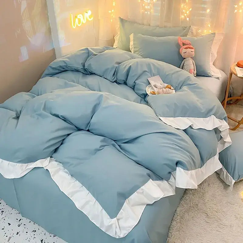 Quilted light blue & white ruffle duvet cover set bedroom bedding