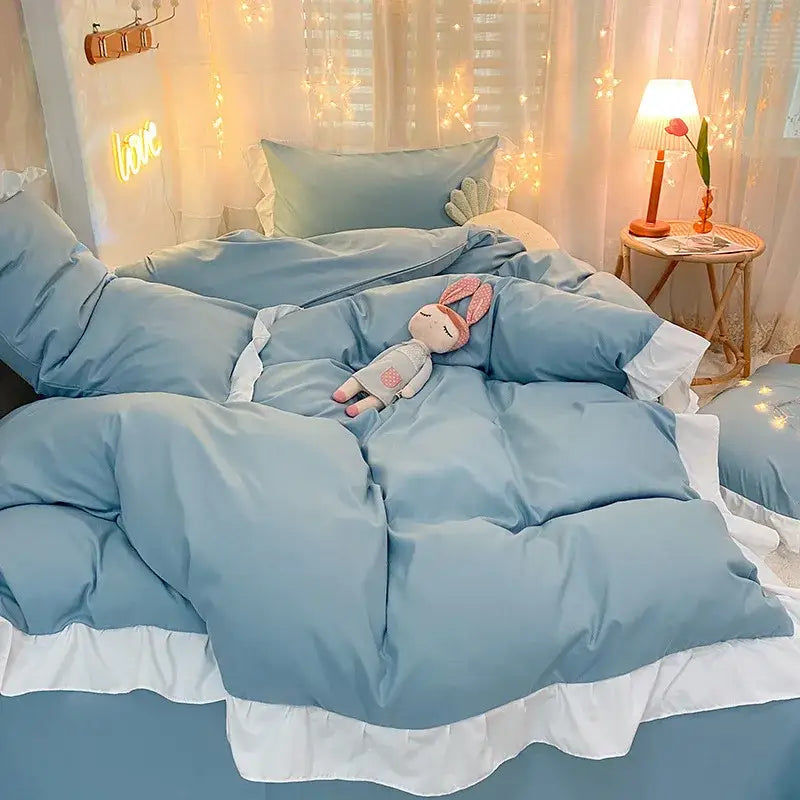 Quilted light blue & white ruffle duvet cover set bedroom bedding