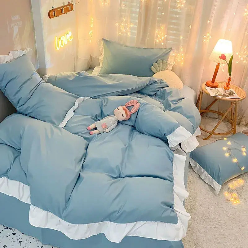Quilted light blue & white ruffle duvet cover set bedroom bedding