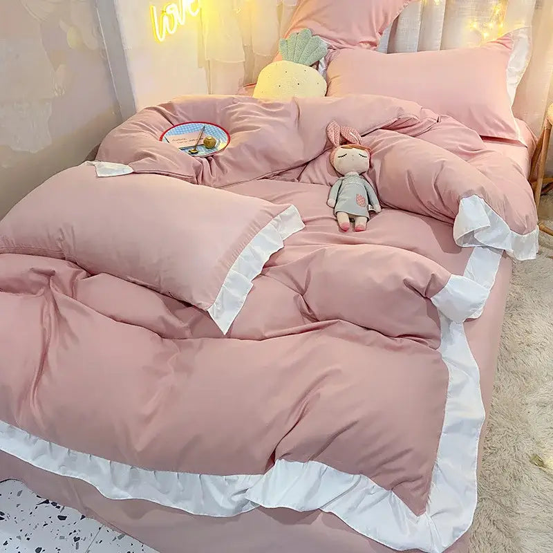 Quilted light blue & white ruffle duvet cover set bedroom bedding