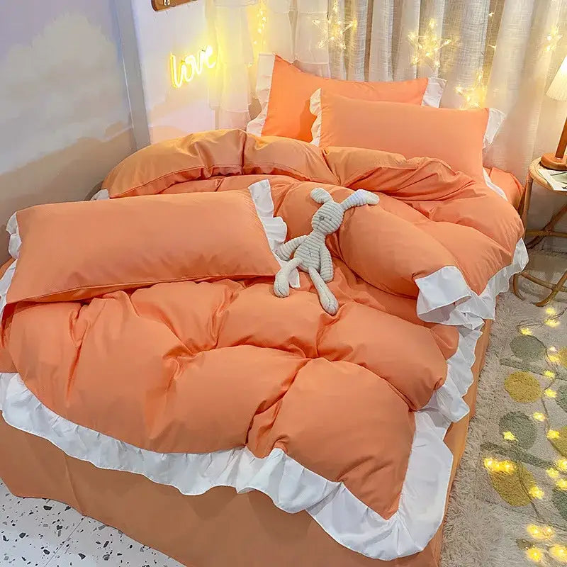 Quilted light blue & white ruffle duvet cover set bedroom bedding