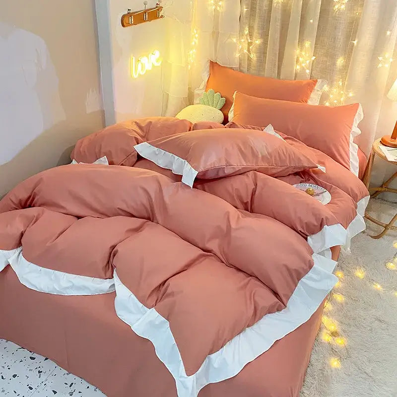 Quilted light blue & white ruffle duvet cover set bedroom bedding