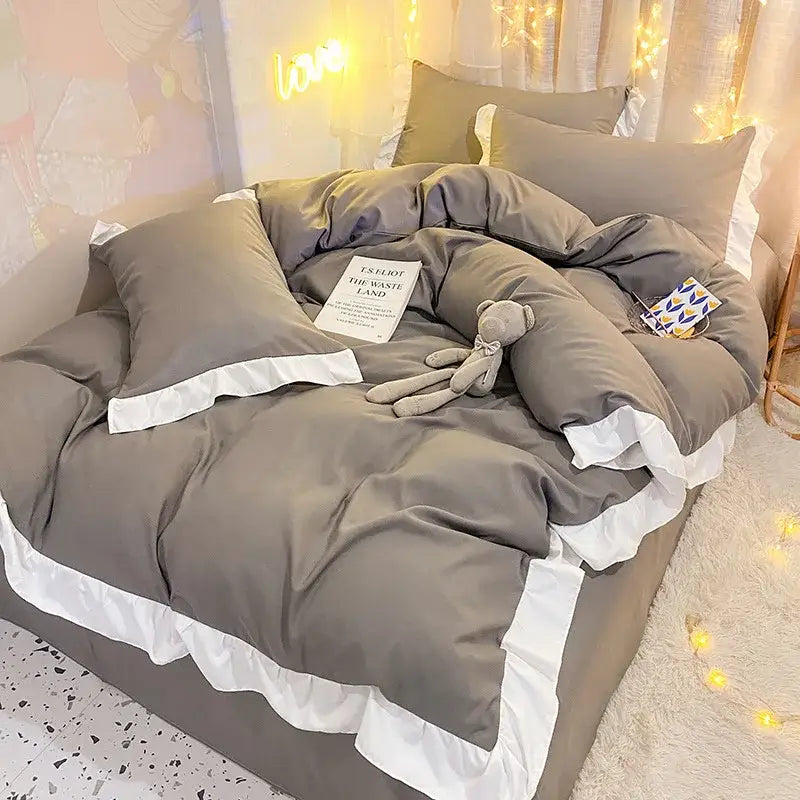 Quilted light blue & white ruffle duvet cover set bedroom bedding