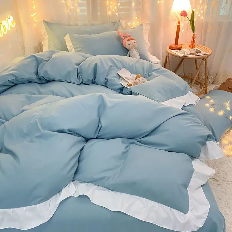 Quilted light blue & white ruffle duvet cover set bedroom bedding