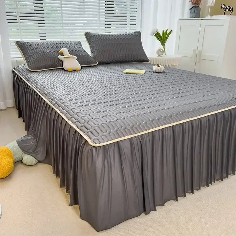 Quilted pink bed skirt set with silver trim bedroom bed pad