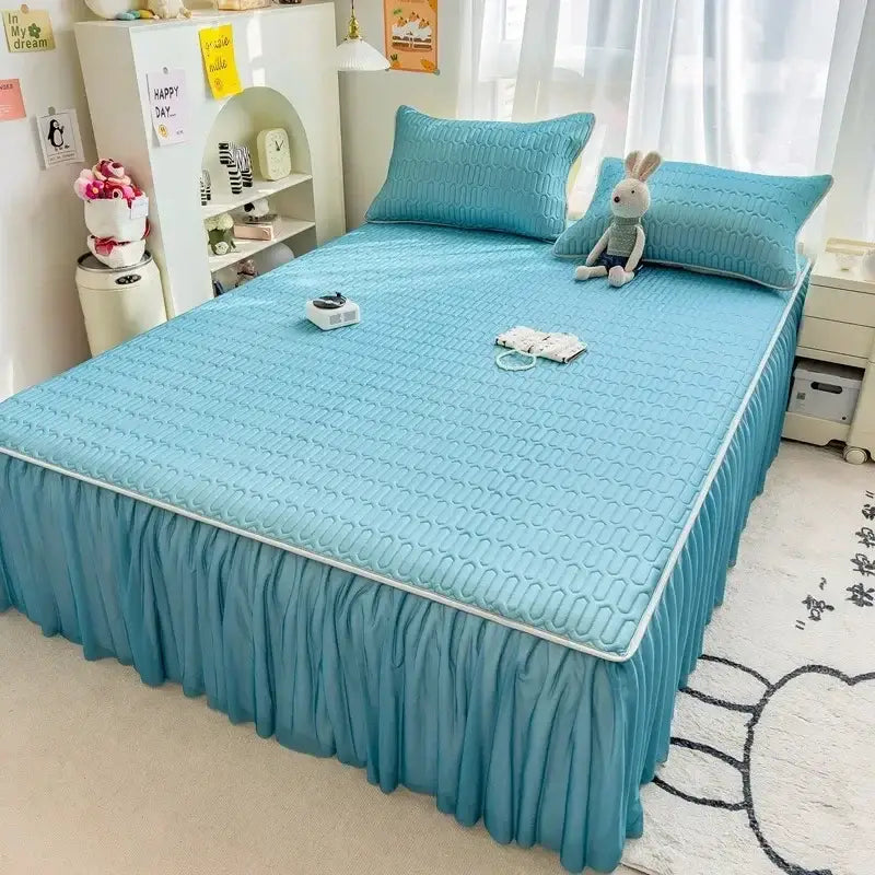 Quilted pink bed skirt set with silver trim bedroom bed pad