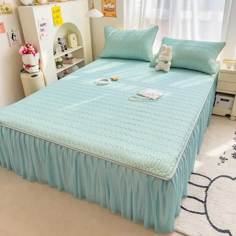 Quilted pink bed skirt set with silver trim bedroom bed pad