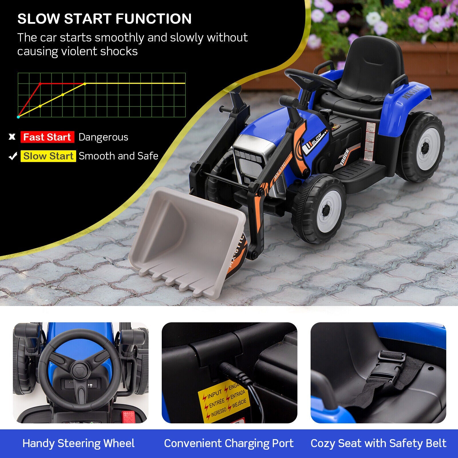 RC Electric Excavator Ride-On Toy Tractor for Kids with 2.4GHz Remote Control - 12V