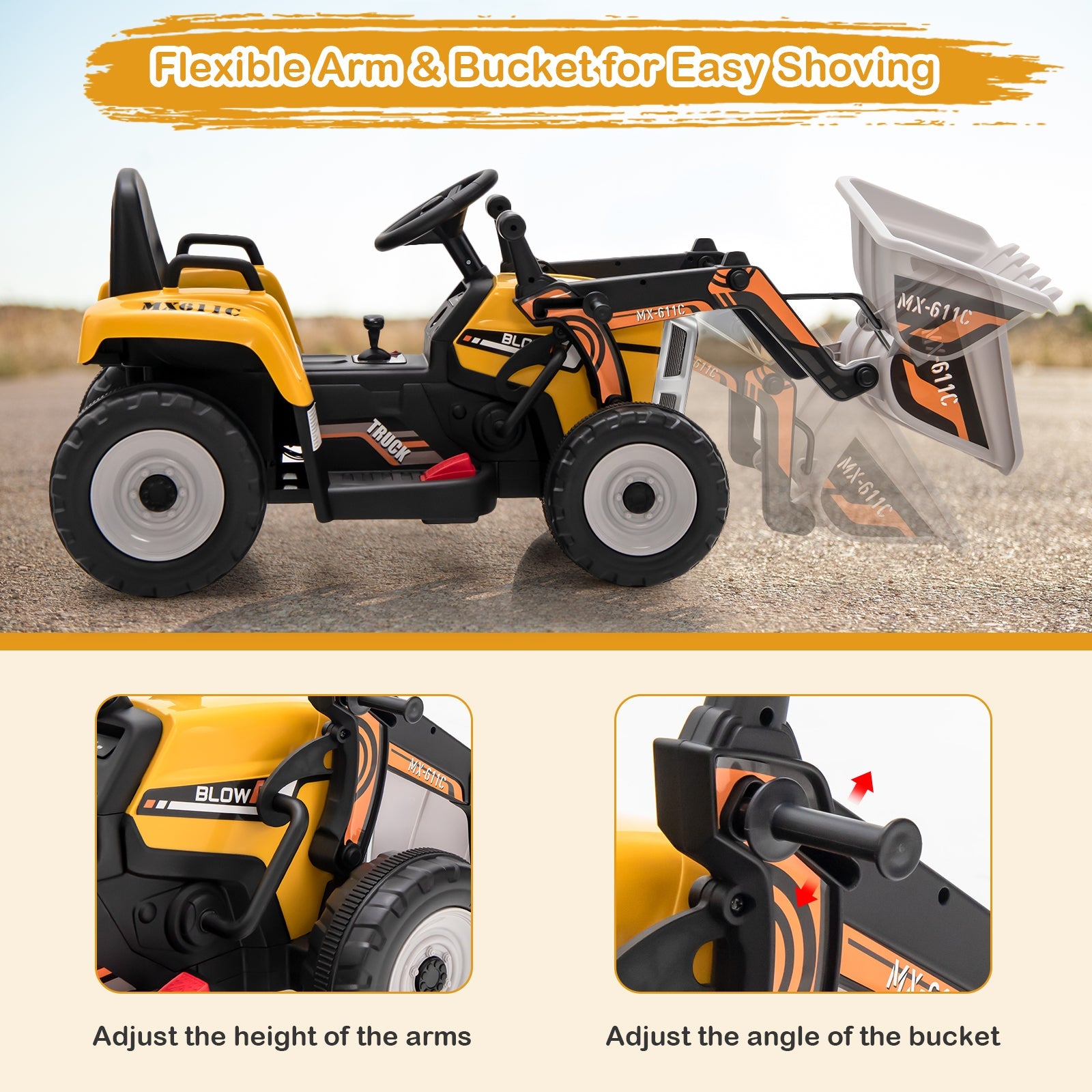 RC Electric Excavator Ride-On Toy Tractor for Kids with 2.4GHz Remote Control - 12V