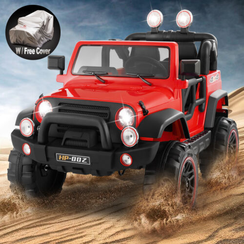 Red 12V Electric Ride-On Car with RC, LED Lights, USB, MP3, and Cover for Kids