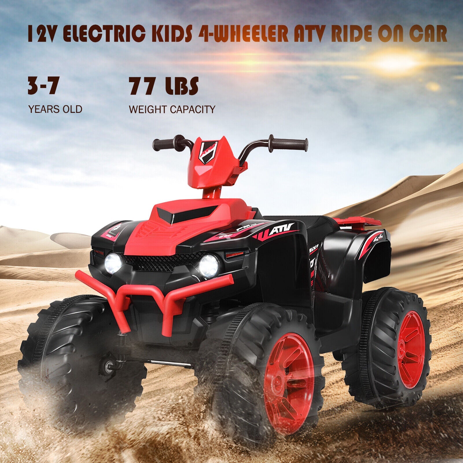 Red 12V Kids ATV Quad Ride On Car with LED Light and Music Toy