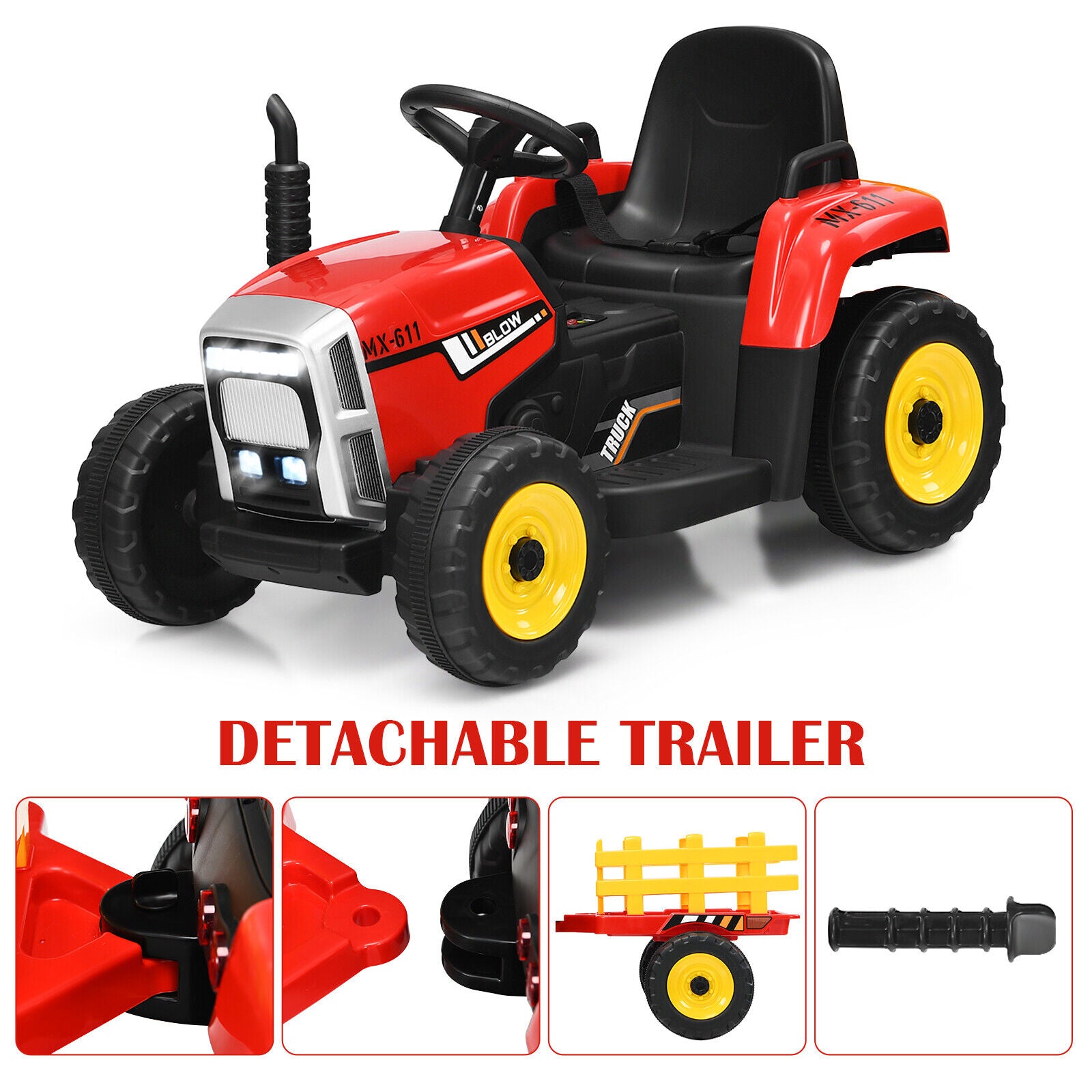 Red 12V Kids Ride On Tractor with Trailer and Remote Control - Featuring Ground Loader and Lights