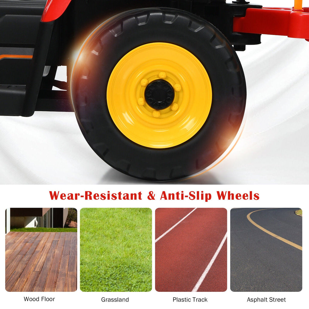 Red 12V Kids Ride On Tractor with Trailer and Remote Control - Featuring Ground Loader and Lights