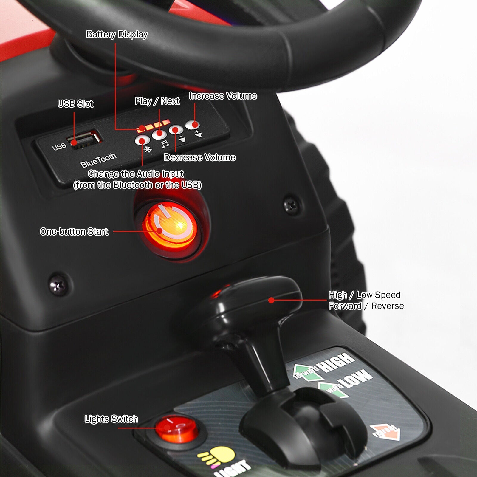 Red 12V Kids Ride On Tractor with Trailer and Remote Control - Featuring Ground Loader and Lights