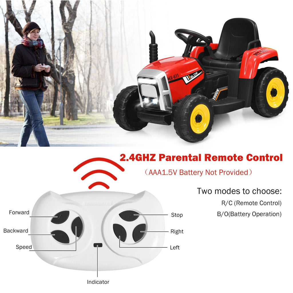 Red 12V Kids Ride On Tractor with Trailer and Remote Control - Featuring Ground Loader and Lights