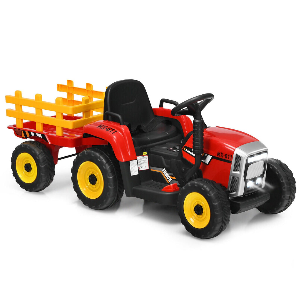 Red 12V Kids Ride On Tractor with Trailer and Remote Control - Featuring Ground Loader and Lights