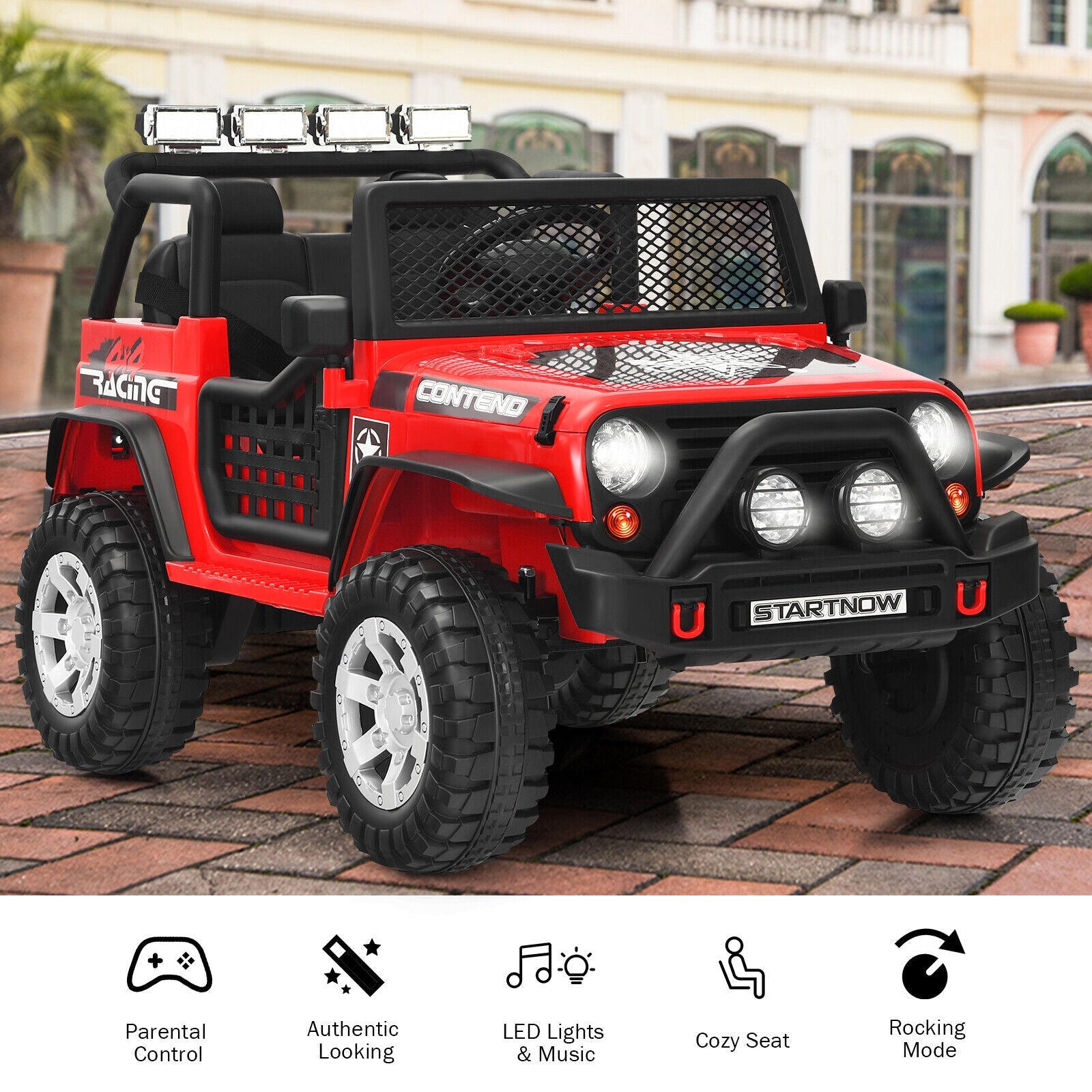 Red 12V Kids Ride On Truck with Remote Control, Lights, and Music