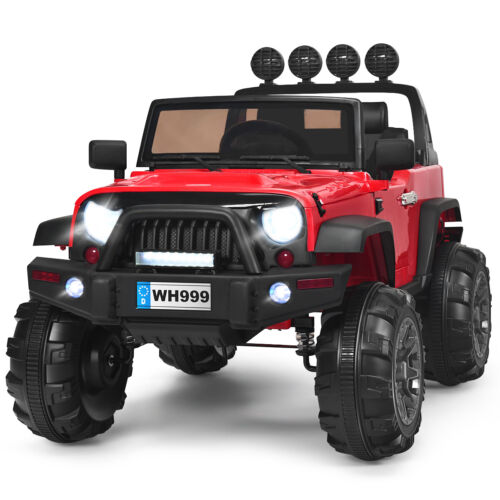 Red 12V RC Ride-On Truck with Spring Suspension, Lights, and Music for Kids