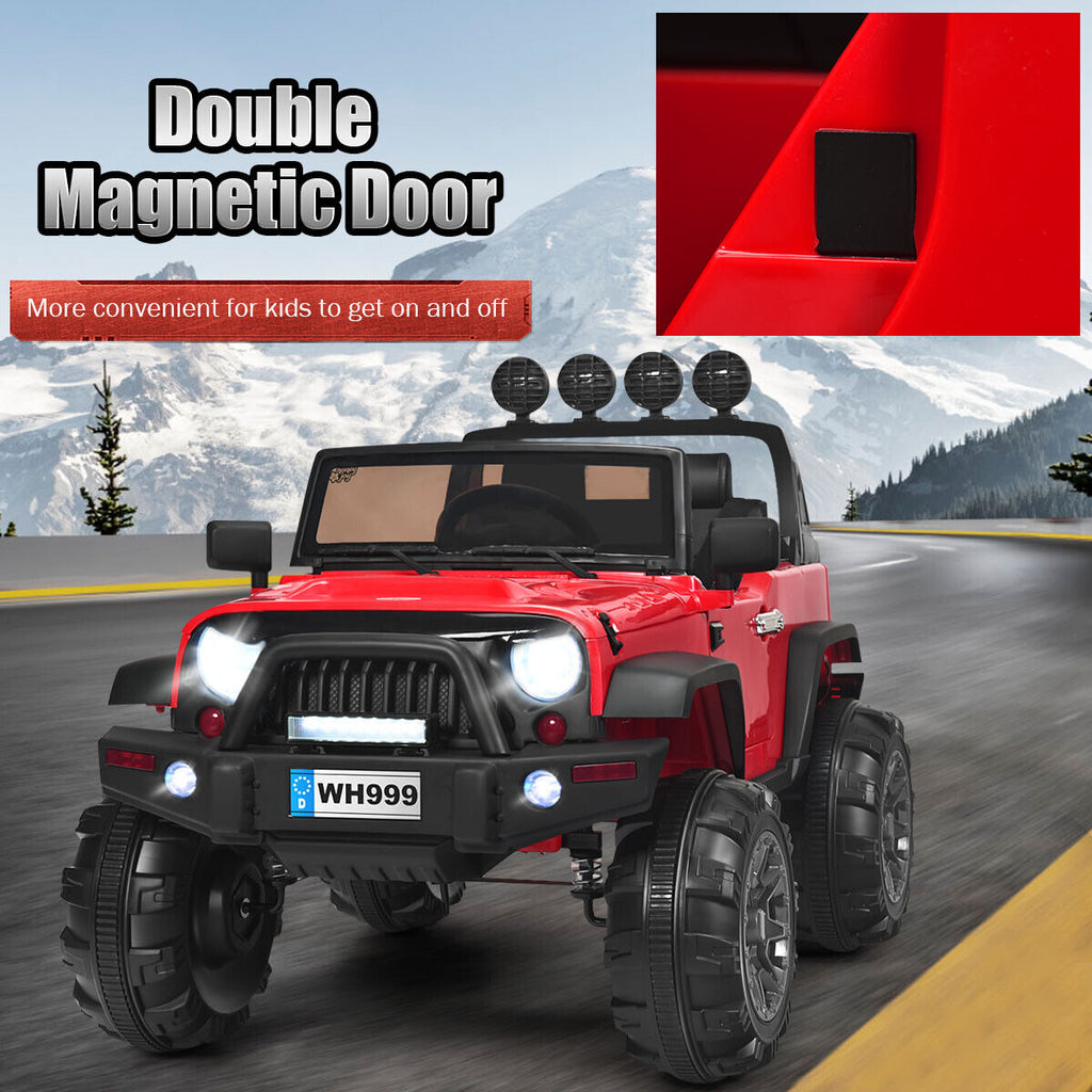 Red 12V RC Ride-On Truck with Spring Suspension, Lights, and Music for Kids